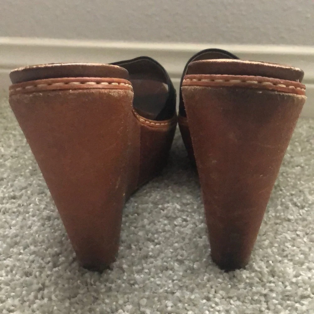 Prada Black Leather and Brown Wood Wedge Sandals - Picture 3 of 7